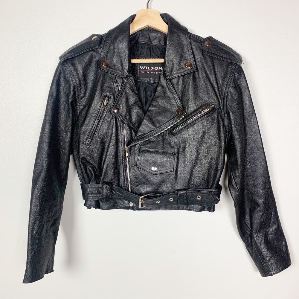 VINTAGE WILSONS Black Leather Cropped Moto Jacket Zip Up Medium